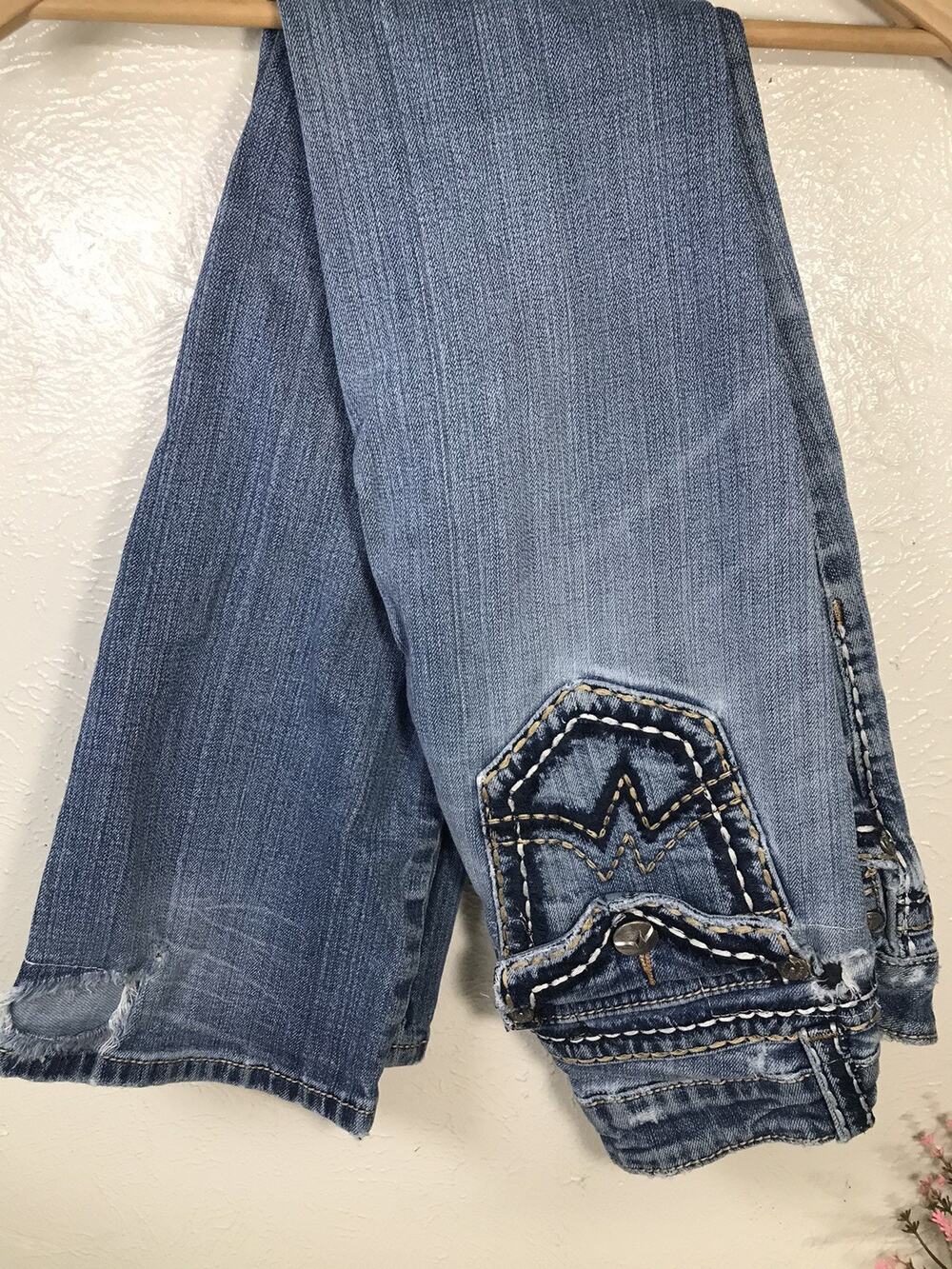 Miss Me Jeans Womens Blue Irene Boot Low Rise Stretch Denim Embroidered Sz 26x33